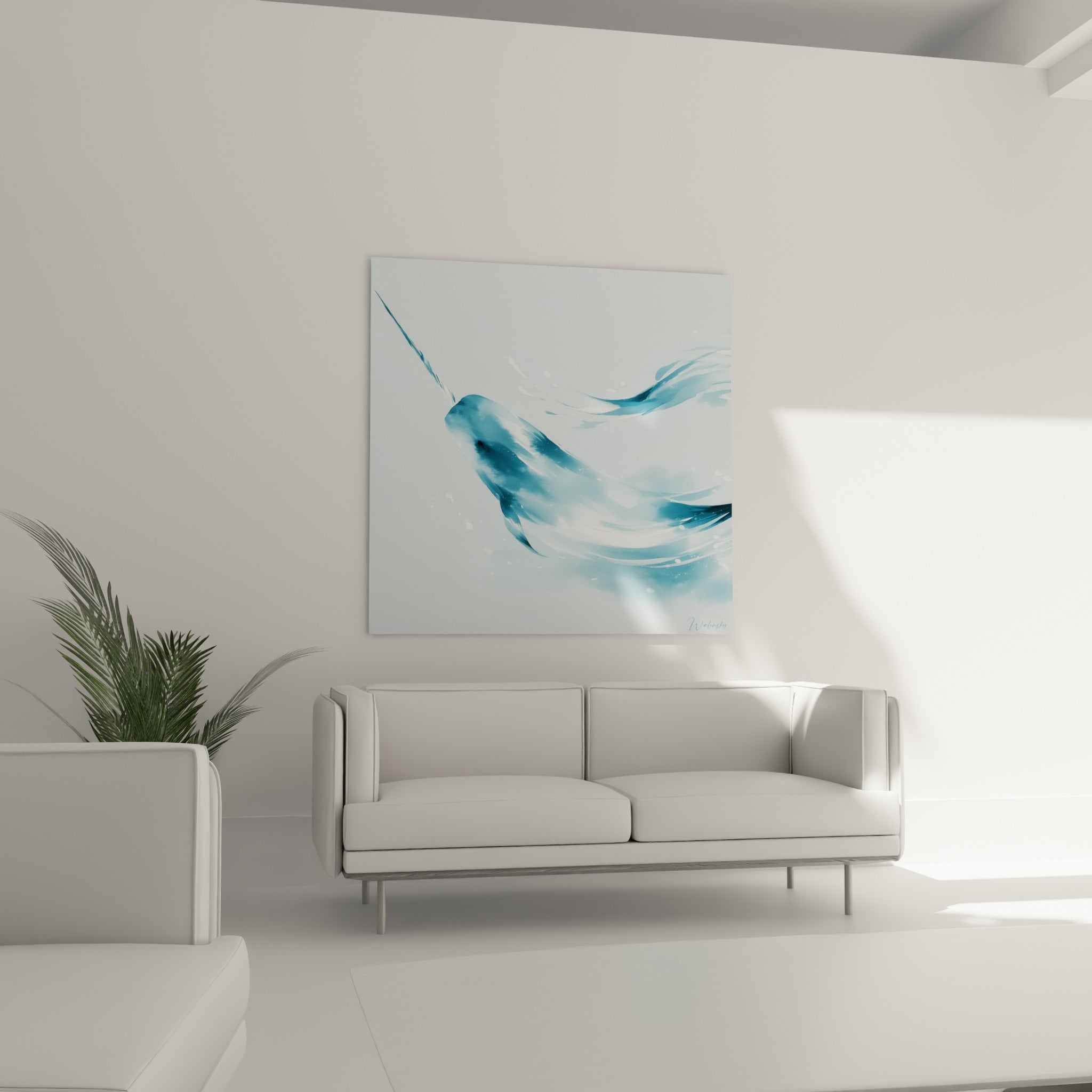 Narval bleu ciel aux éclaboussures blanches au-dessus d'un canapé dans un salon lumineux