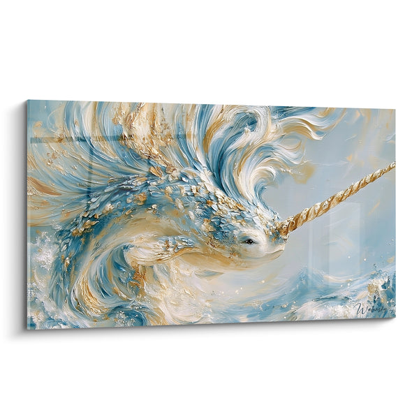 Tableau Narval bleu et doré aux vagues tourbillonnantes - Surgissement océanique - Edition Narval