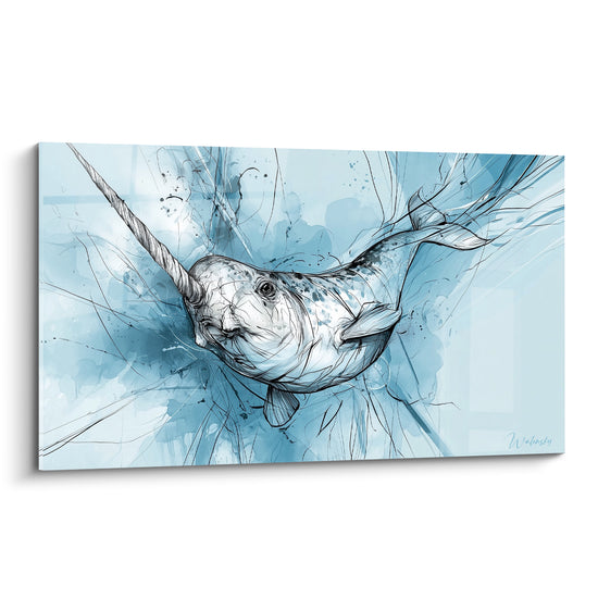 Tableau Narval bleu et blanc à l'encre - Plongée arctique - Edition Narval