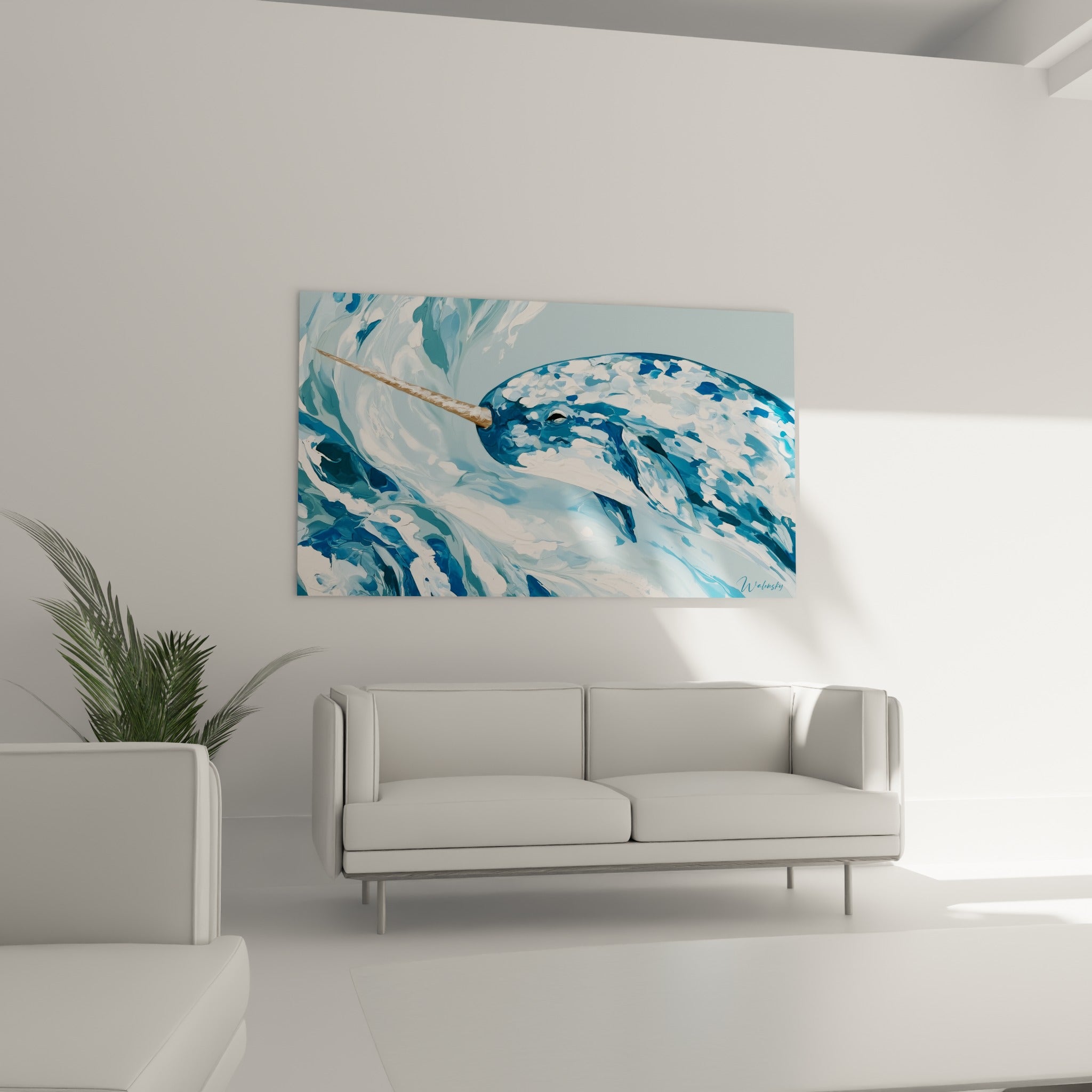 Narval bleu glacé émergeant des flots écumeux, au-dessus d'un canapé dans un salon lumineux