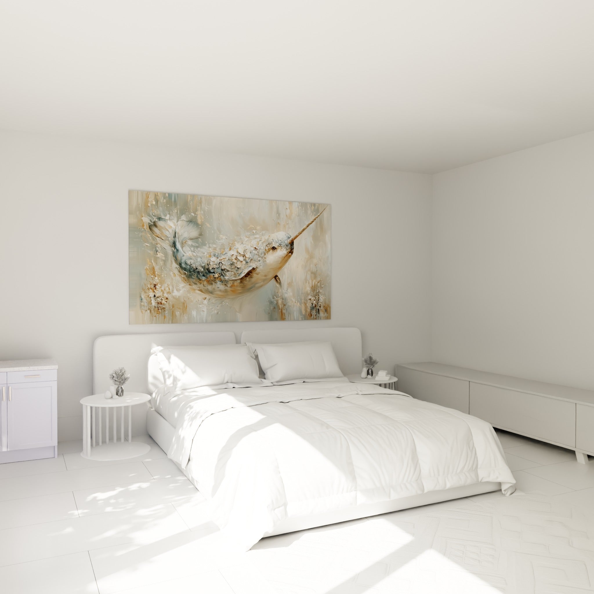 Narval ocre et bleu pastel accroché au-dessus d'un lit dans une chambre claire