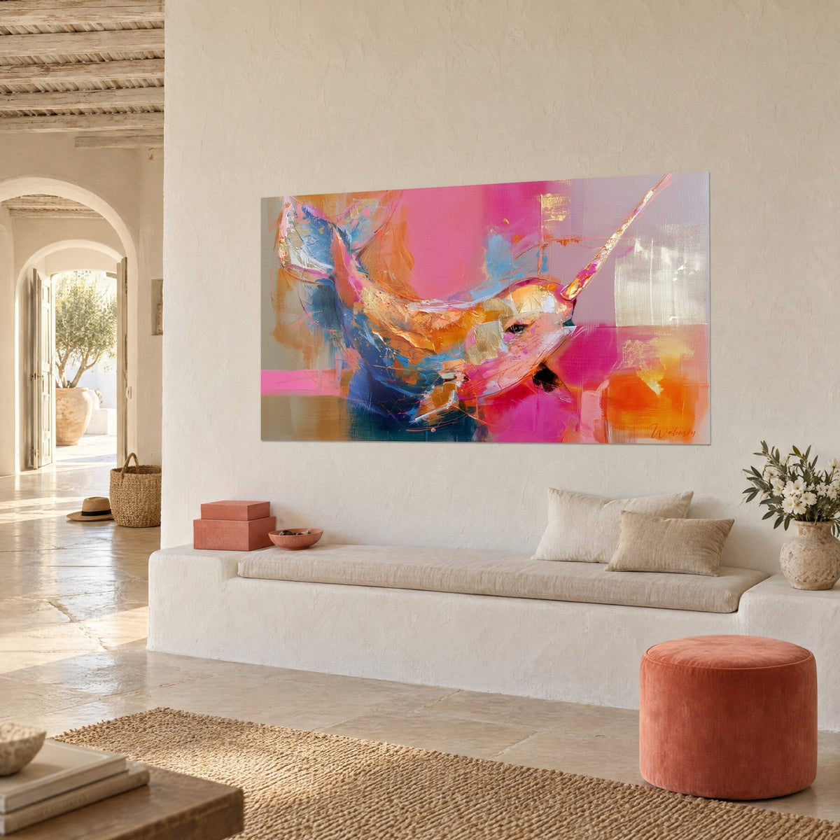 Quadro cetaceo con zanna in oro martellato, ventre ocra e arancio su fondo rosa, sopra una panca bianca in nicchia