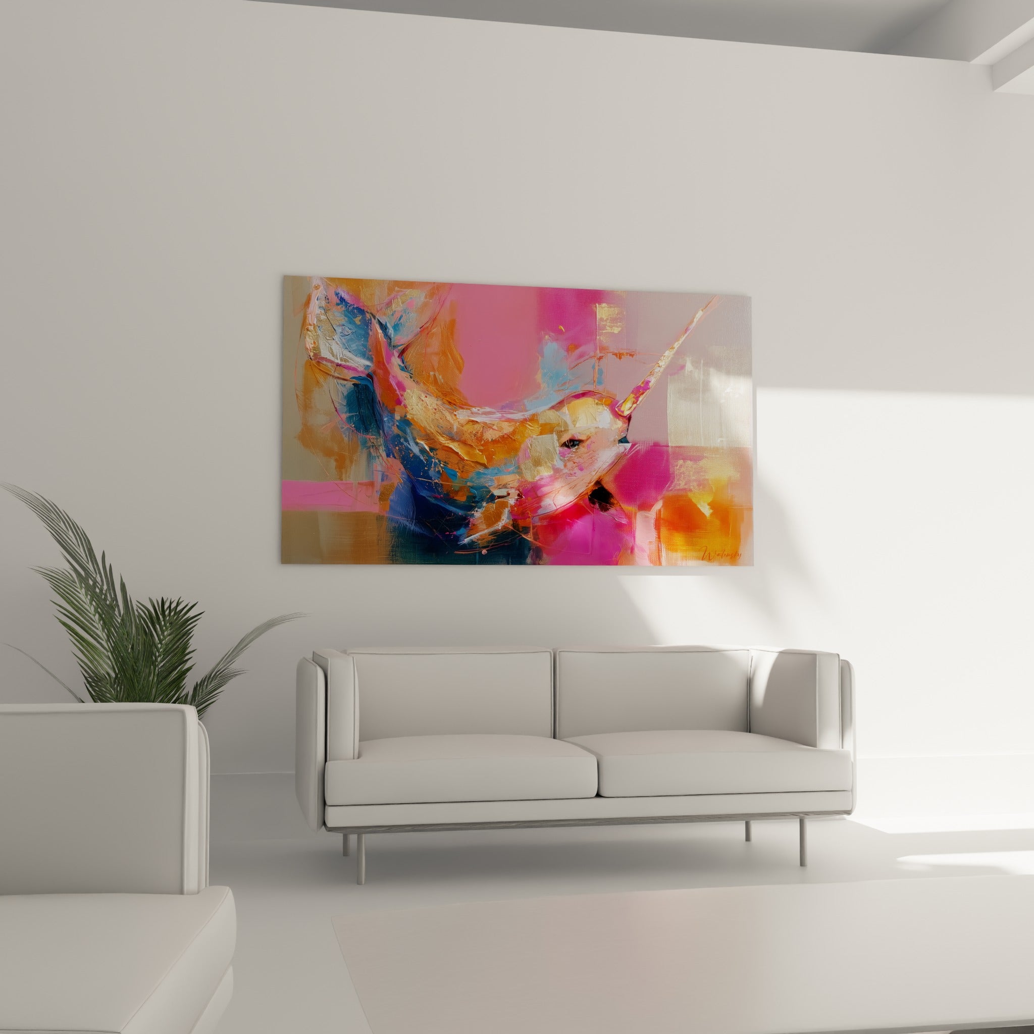 Silhouette de narval bleu marine et doré traitée en abstraction gestuelle, au-dessus d'un canapé dans un salon lumineux