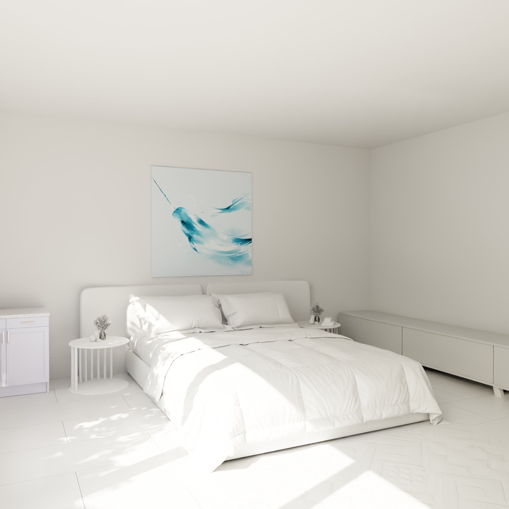 Silhouette de narval bleu marine et blanc au-dessus d'un lit dans une chambre claire