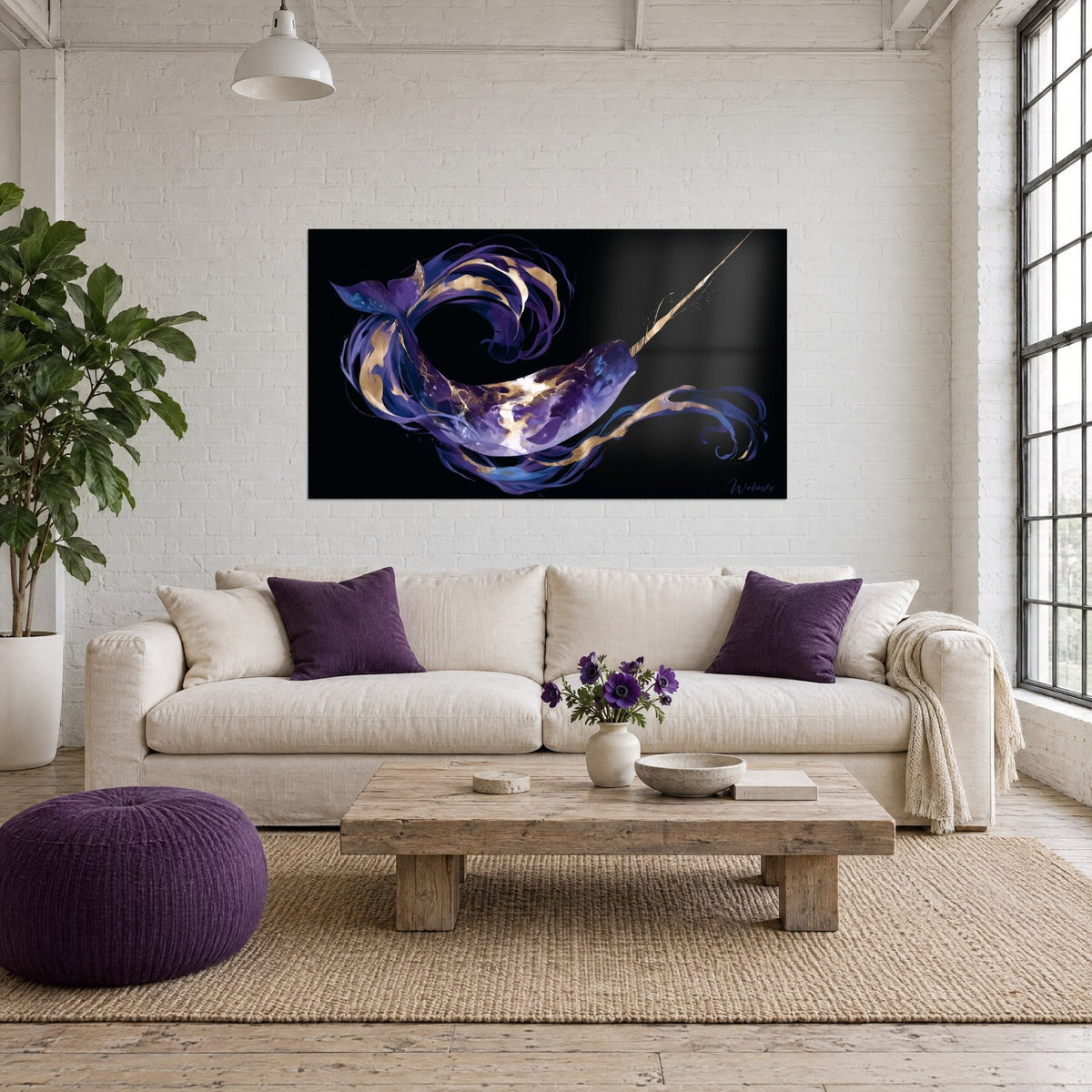 Wall art violet narwhal coiled in a spiral, slender golden tusk, black background, above a sofa in a bright living room