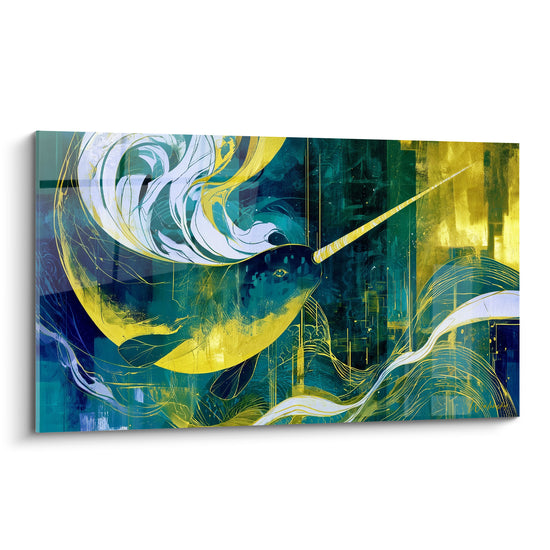 Tableau Narval bleu et doré aux vagues stylisées - Courant doré - Edition Narval