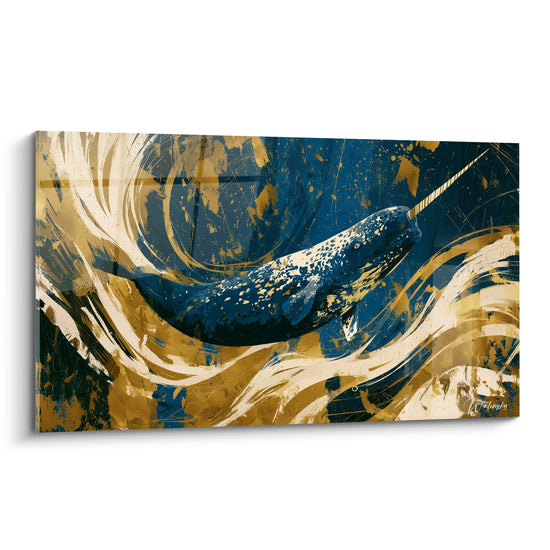 Tableau Narval bleu et ocre aux vagues balayées - Défense rayée fine - Edition Narval