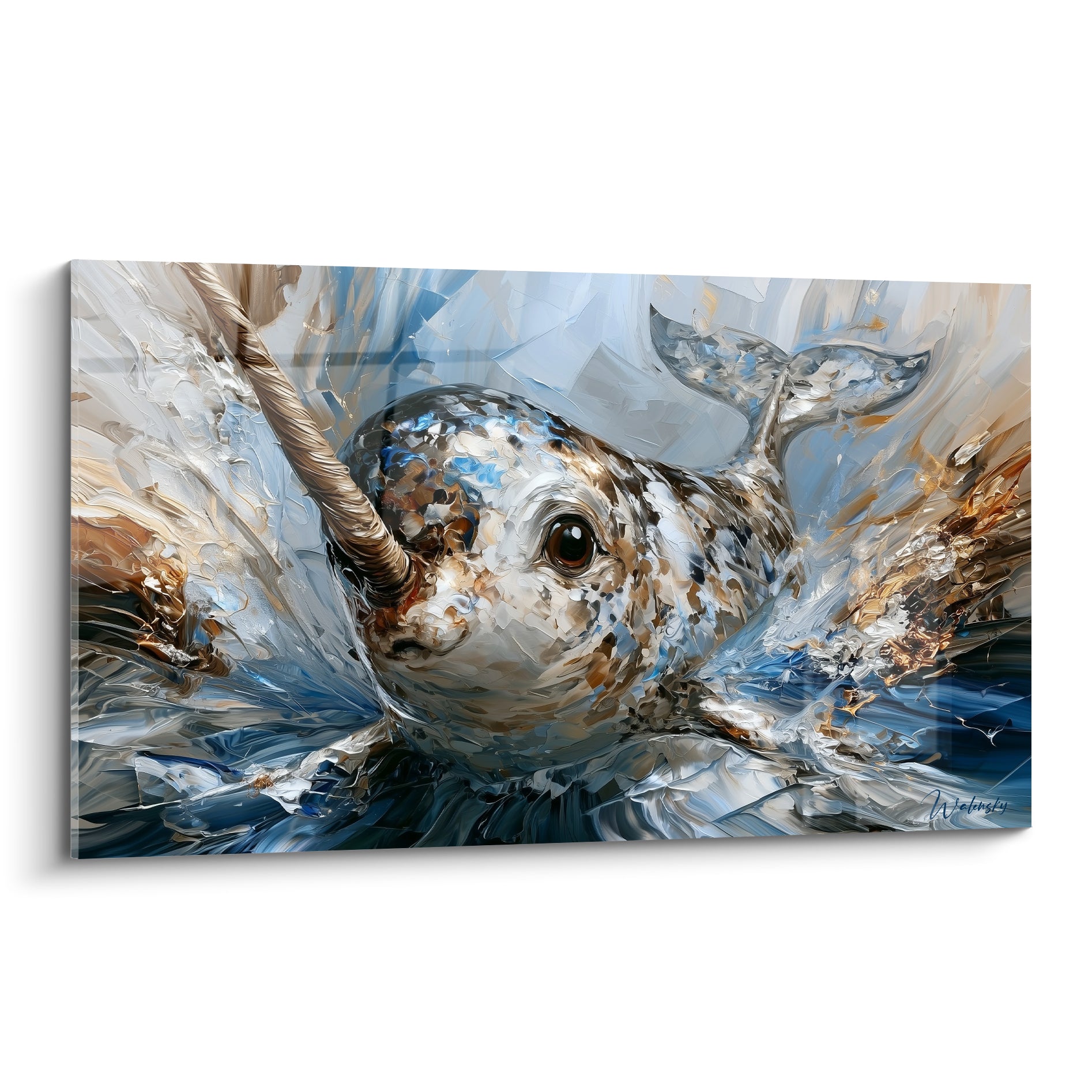 Narval bleu marine et ocre surgissant de l'eau, défense pointée, style texturé au couteau