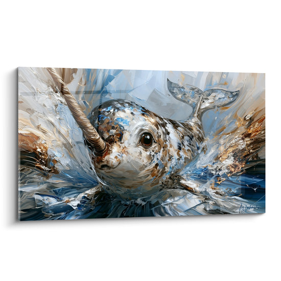 Narval bleu marine et ocre surgissant de l'eau, défense pointée, style texturé au couteau
