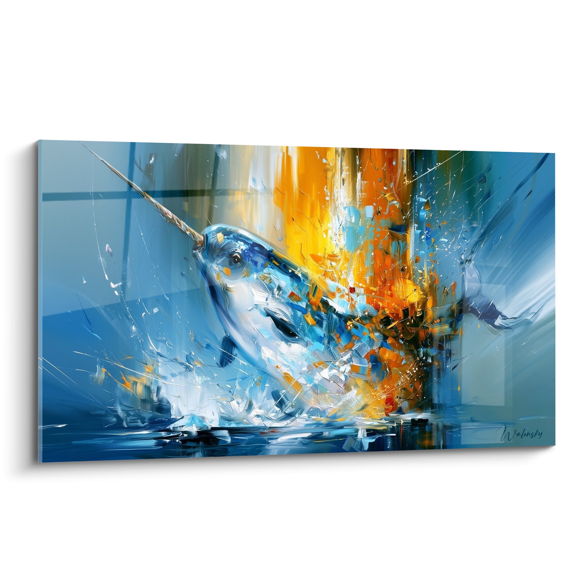 Narval bleu et blanc jaillissant d'une explosion orange et jaune sur toile picturale