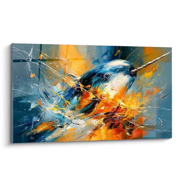 Tableau Narval bleu et orange en éclats de peinture - Surgissement des profondeurs - Edition Narval