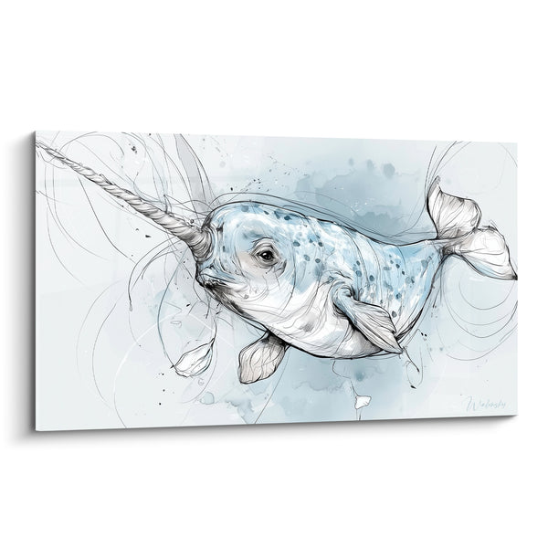 Tableau Narval bleu pâle et blanc au corps tacheté - Esquisse au trait fin - Edition Narval