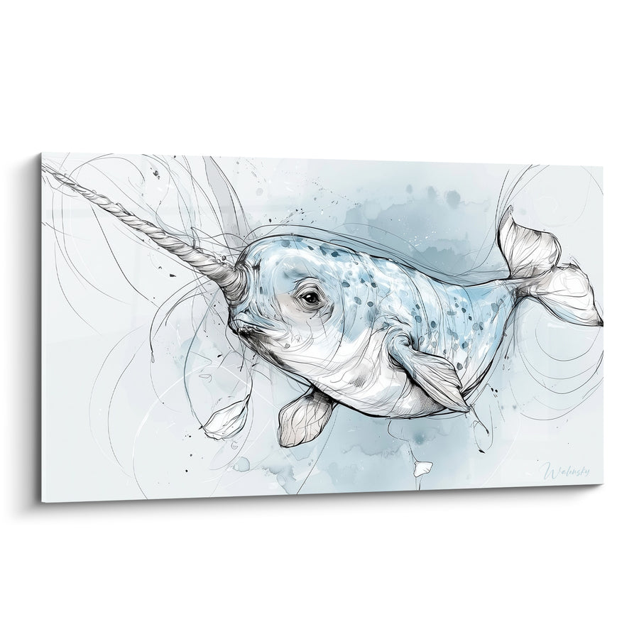 Tableau Narval bleu pâle et blanc au corps tacheté - Esquisse au trait fin - Edition Narval
