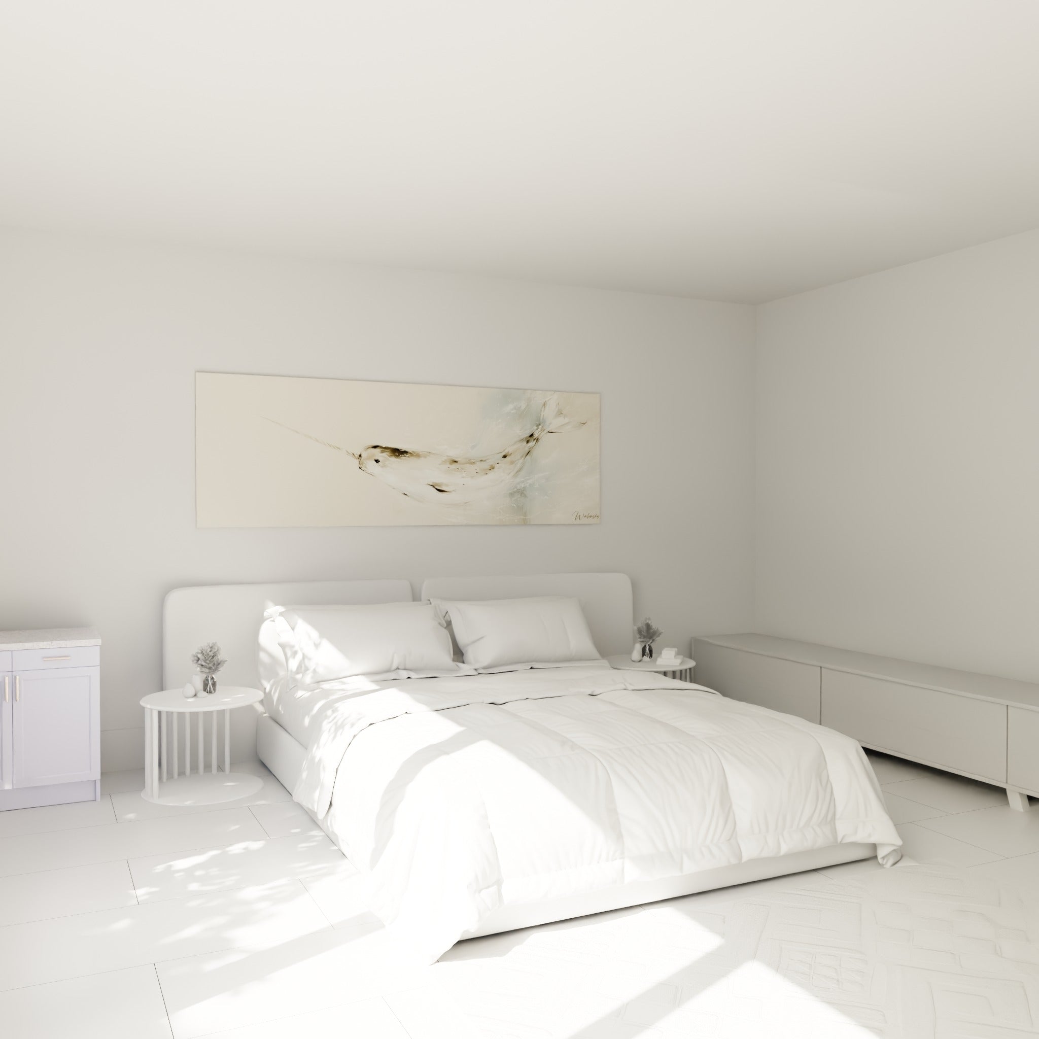 Narval blanc et bleu pastel en nage suspendue, au-dessus d'un lit dans une chambre claire
