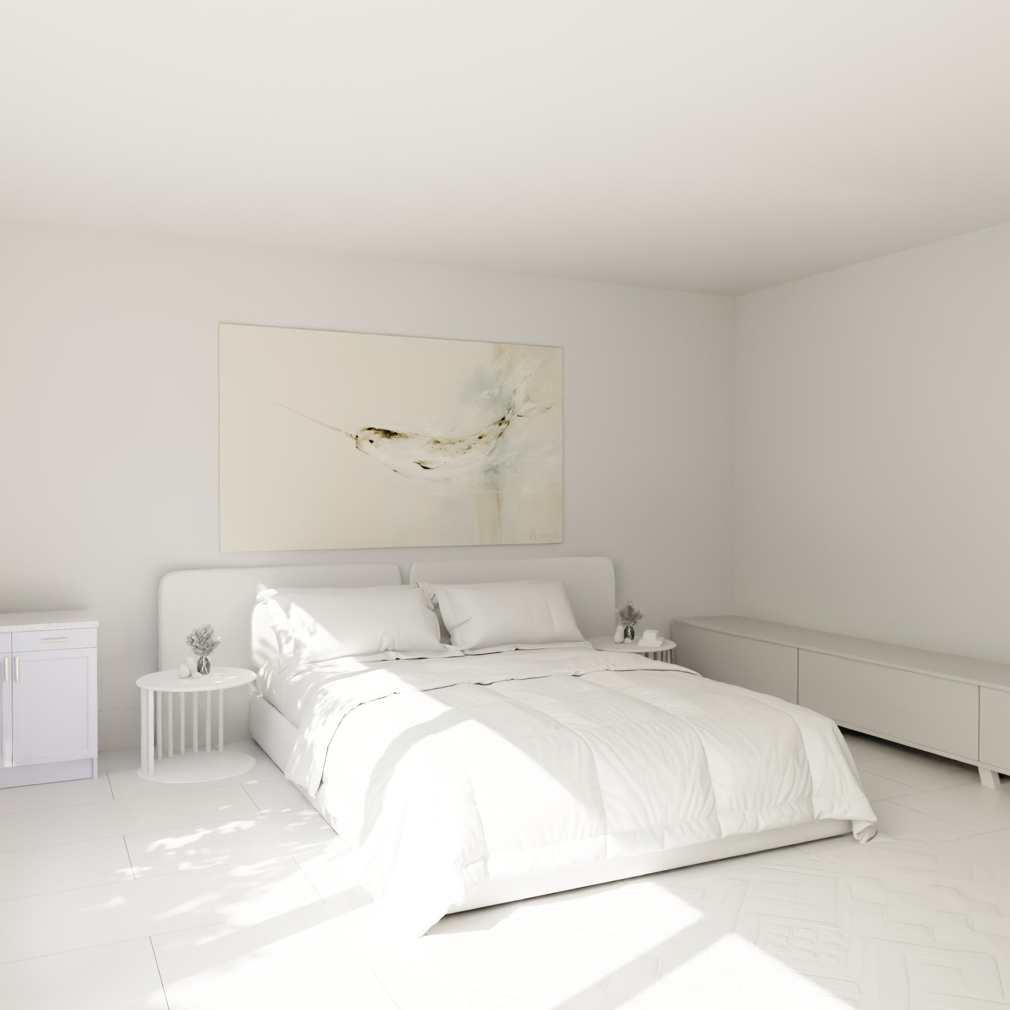 Narval fauve et ivoire glissant vers l'avant, au-dessus d'un lit dans une chambre claire