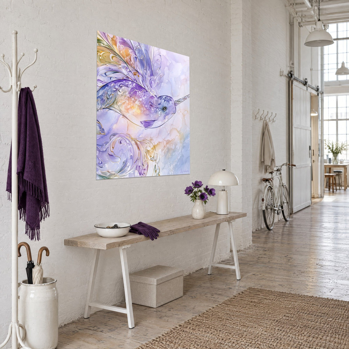 Wall art cetacean with pearly horn in lavender and amber swirls, pastel marbling, three-quarter view in an artist's loft