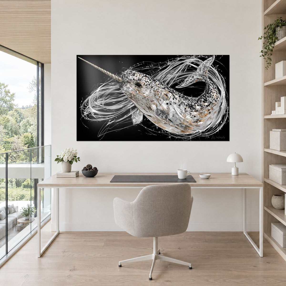 Cuadro pez unicornio con escamas pixeladas en negro y plata, cola curvada en volutas blancas, frente a un escritorio de madera clara