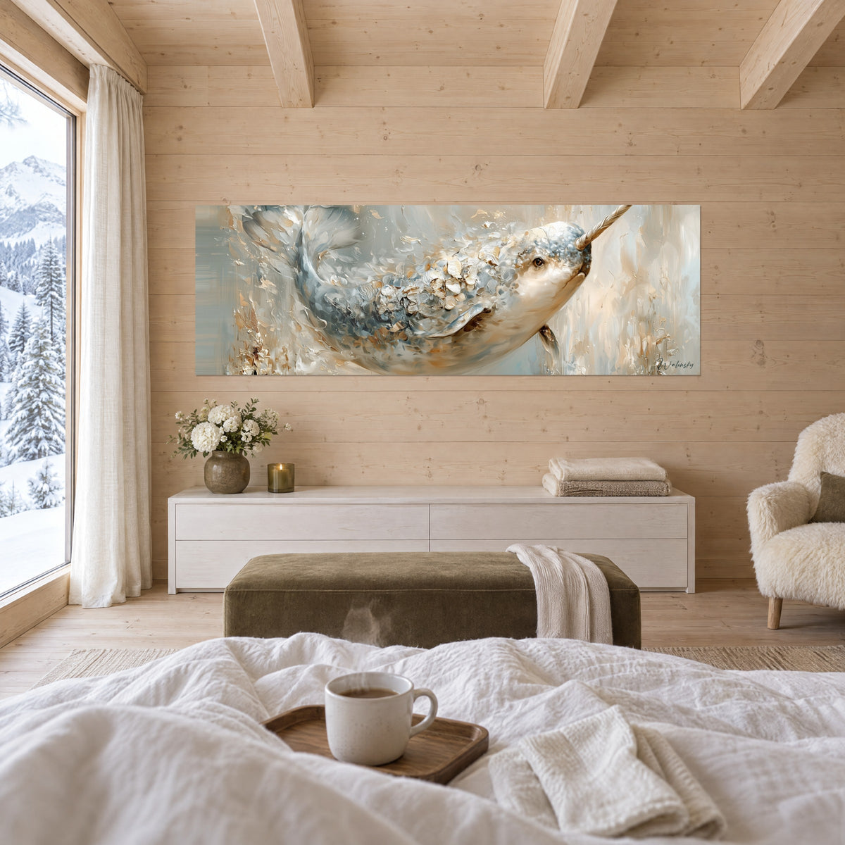Cuadro cetáceo ártico nacarado, piel de relieves escamosos beige y azul glaciar, encima de una cama en un dormitorio luminoso