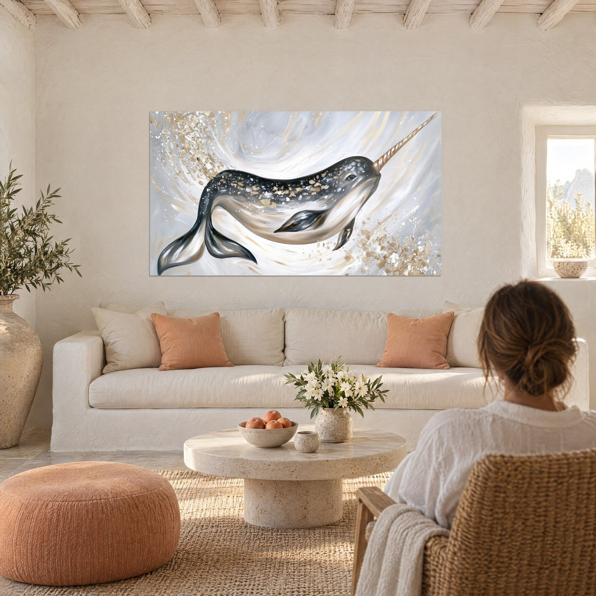 Wall art narwhal in charcoal and gold, twisted golden tusk on pearl grey background, above a sofa in a bright living room