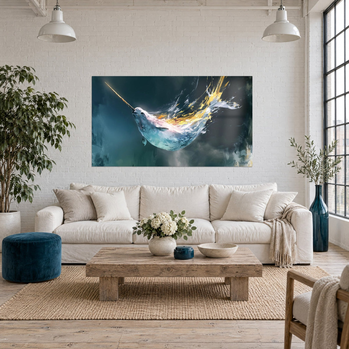 Wall art narwhal with glacier-blue flanks, golden tusk splashes on a dark background, above a sofa in a bright living room