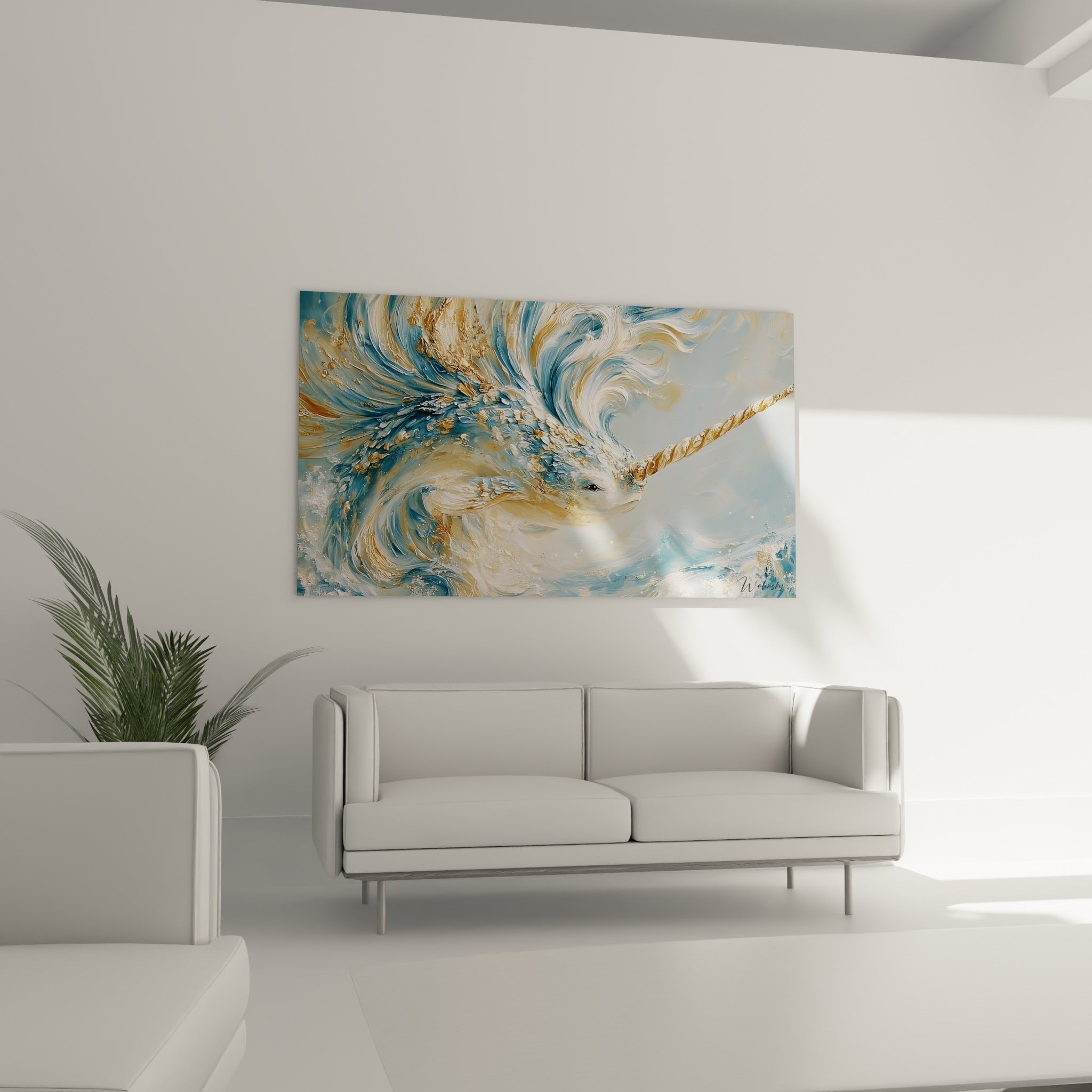 Narval doré et bleu marine aux vagues d'écume blanche, placé au-dessus d'un canapé dans un salon lumineux
