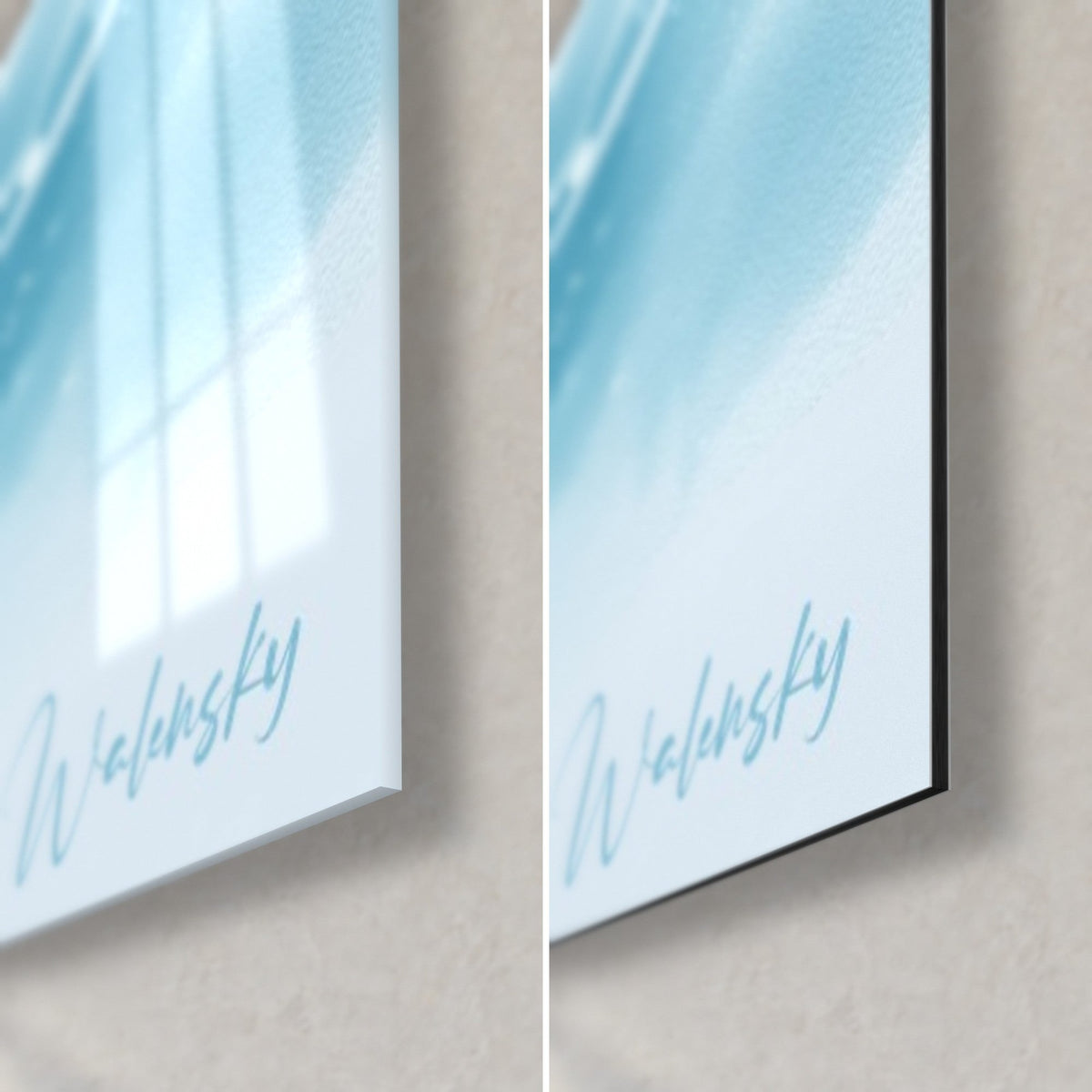 Wall art sea unicorn watercolor in blue and white, bottom right corner: glossy acrylic glass with reflections, matte Dibond aluminum, 3 mm edge