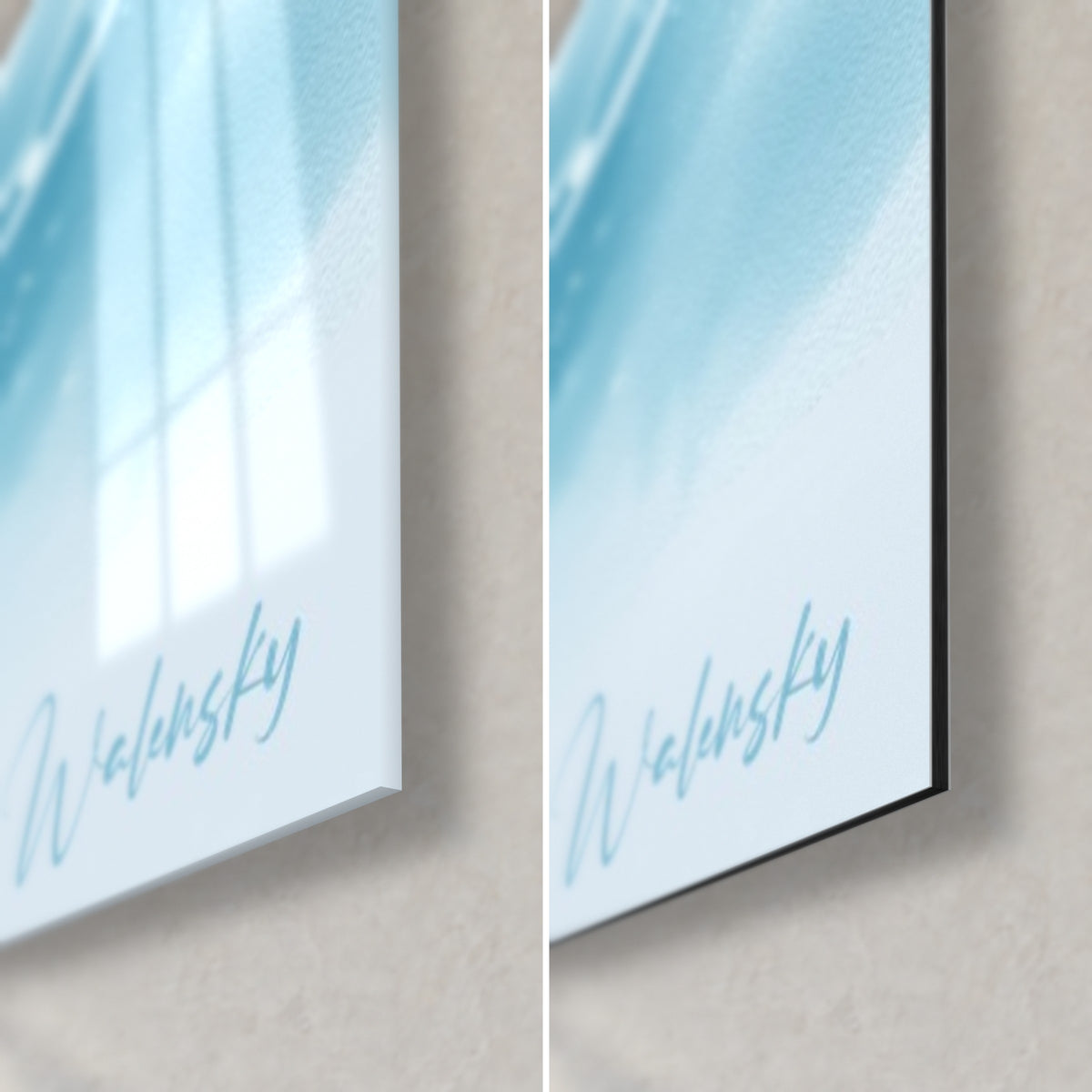Gemälde Meeres-Einhorn aquarelliert in Blau und Weiß, untere rechte Ecke: glänzendes Acrylglas mit Reflexen, matter Alu-Dibond, 3 mm Kante
