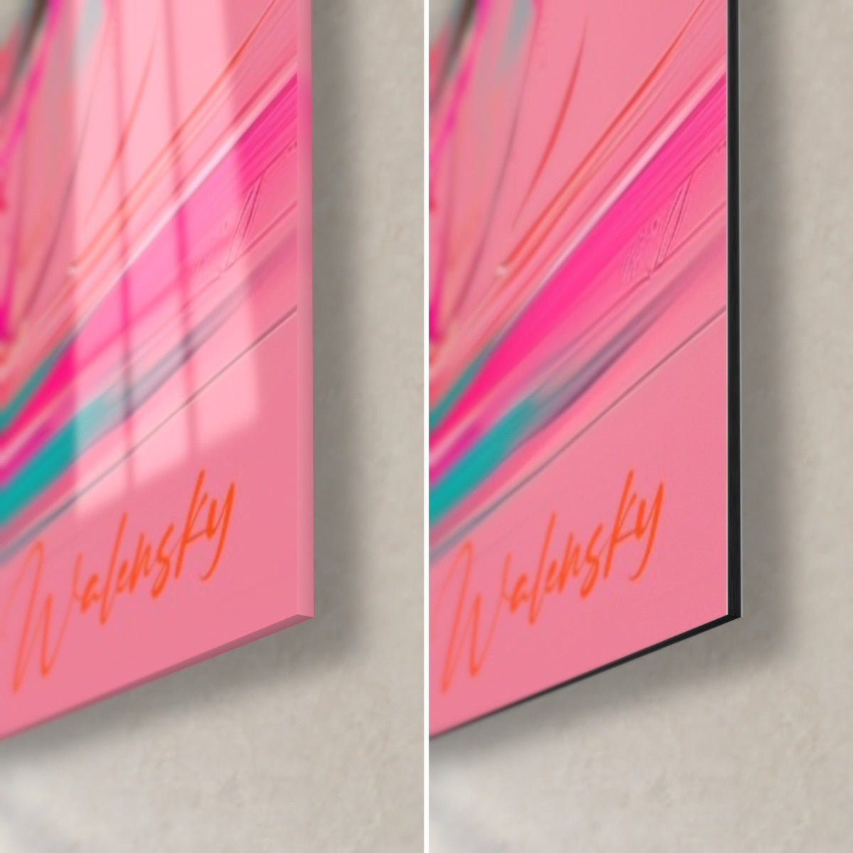 Quadro balena unicorno in rosa e turchese, angolo in basso a destra di vetro lucido e Dibond opaco, firma arancione, spessore 3 mm