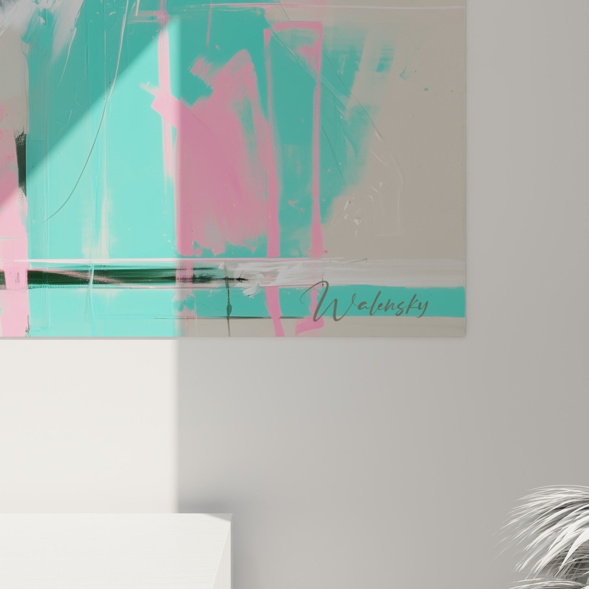 Empâtements noirs et coulures turquoise se mêlant au rose fluo sur la toile du narval