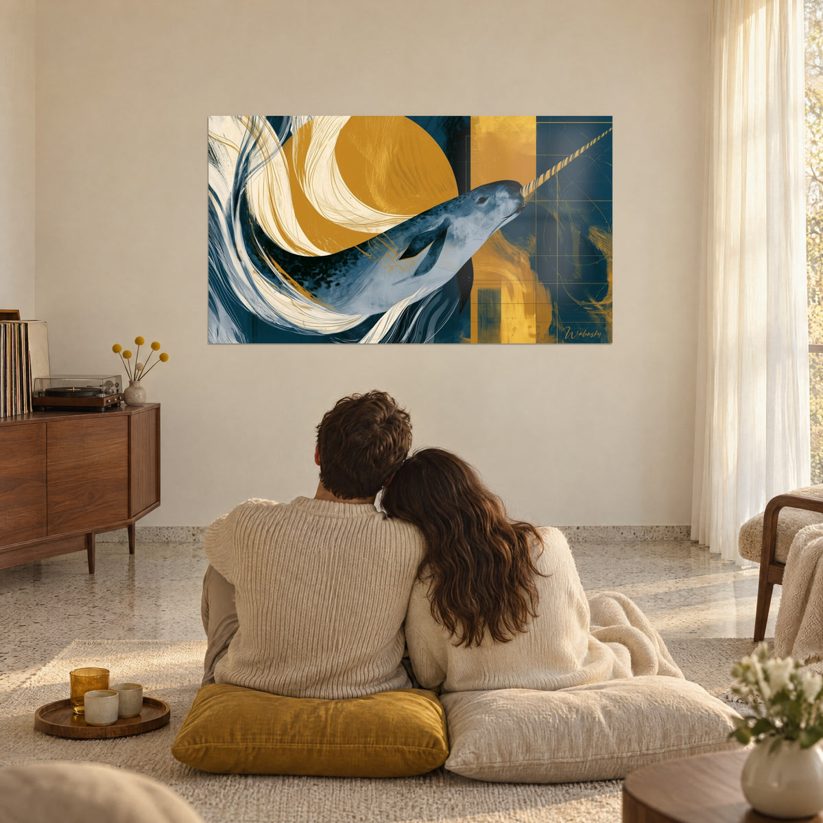 Cuadro gran disco solar ocre detrás de un narval azul y crema, pareja de espaldas sobre cojines mostaza en el suelo del salón