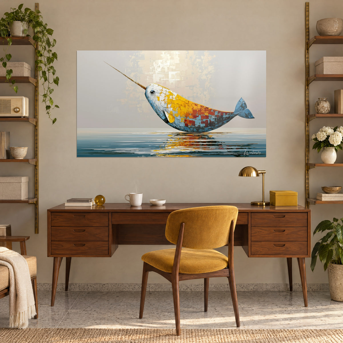 Πίνακας narwhal ζωγραφισμένος με πλατιές επιφάνειες σκουριάς, κροκού και μπλε παγετώνα, χρυσαφένιο αμμώδες φόντο, κρεμασμένος πάνω από ξύλινο γραφείο και μουστάρδα καρέκλα
