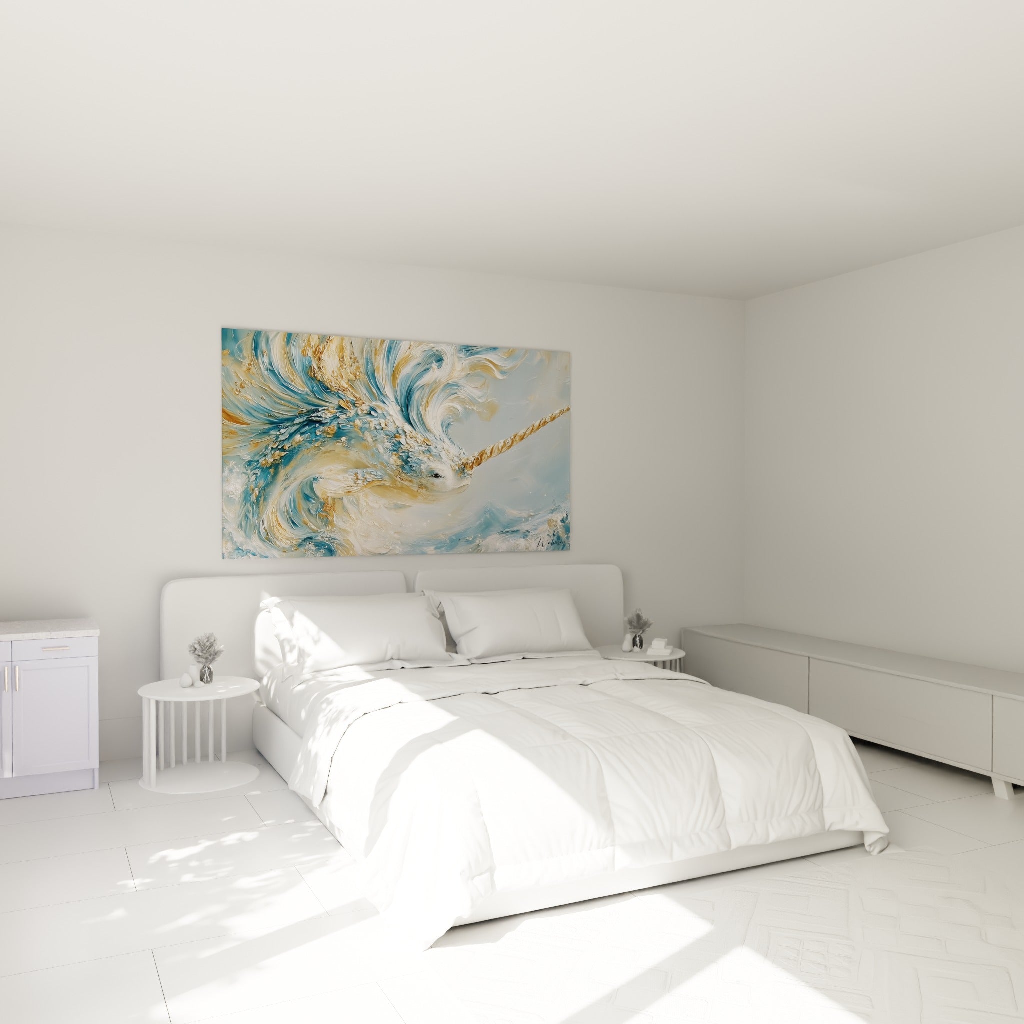 Créature marine bleue et dorée au museau texturé, accrochée au-dessus d'un lit dans une chambre claire