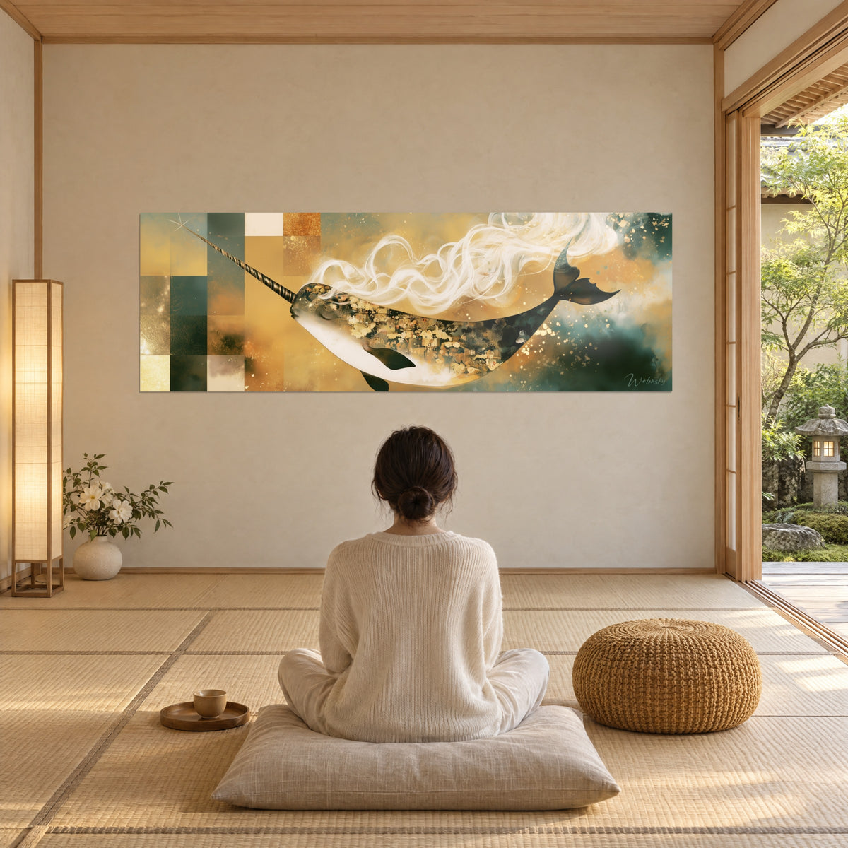 Gemälde Großer Narwal, der inmitten elfenbeinfarbenem Dunst und goldenen Funken schwebt, ockerfarbenes und anthrazitgrünes Karomuster, Zen-Wohnzimmer auf einer Tatami