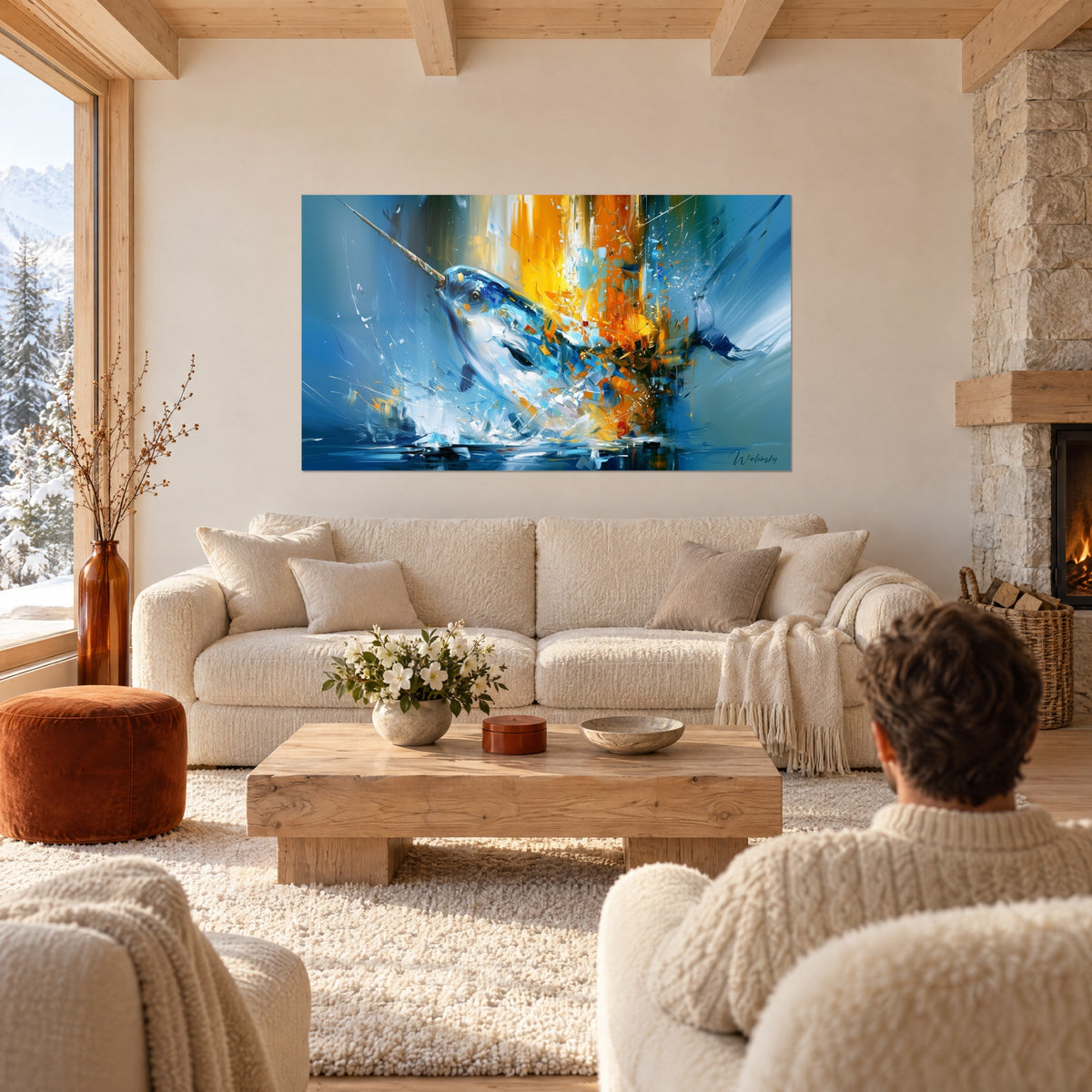 Wall art leaping narwhal, twisted tusk, glacier blue and vivid orange, above a sofa in a bright living room