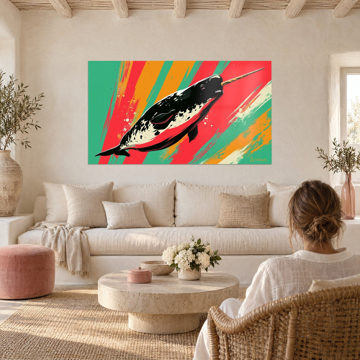 Wall art black and white narwhal leaping on coral red and mint green background, golden tusk, above a sofa in a bright living room