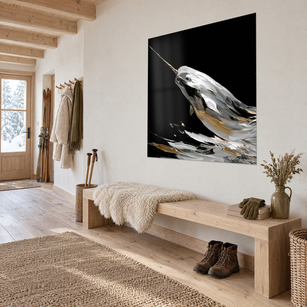Quadro di un cetaceo artico con pennellate a spatola bianche e ocra, zanna a spirale rivolta verso l'alto, vista di tre quarti in uno chalet