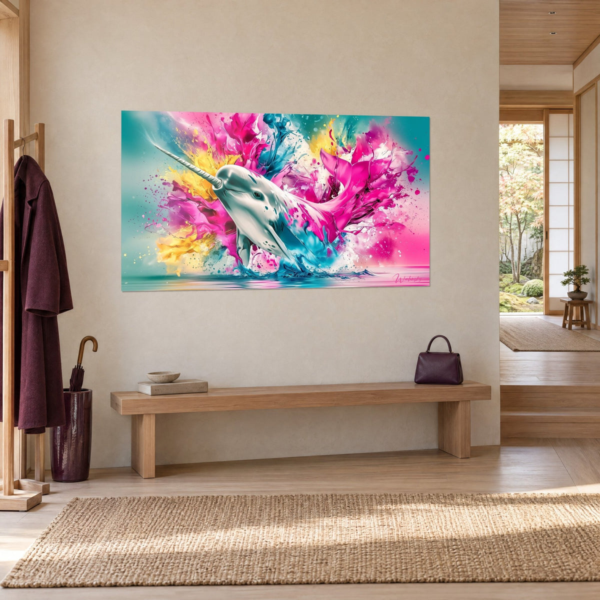 Cuadro unicornio de mar plateado en una nube de pintura rosa vivo y turquesa, vista de tres cuartos junto a un perchero