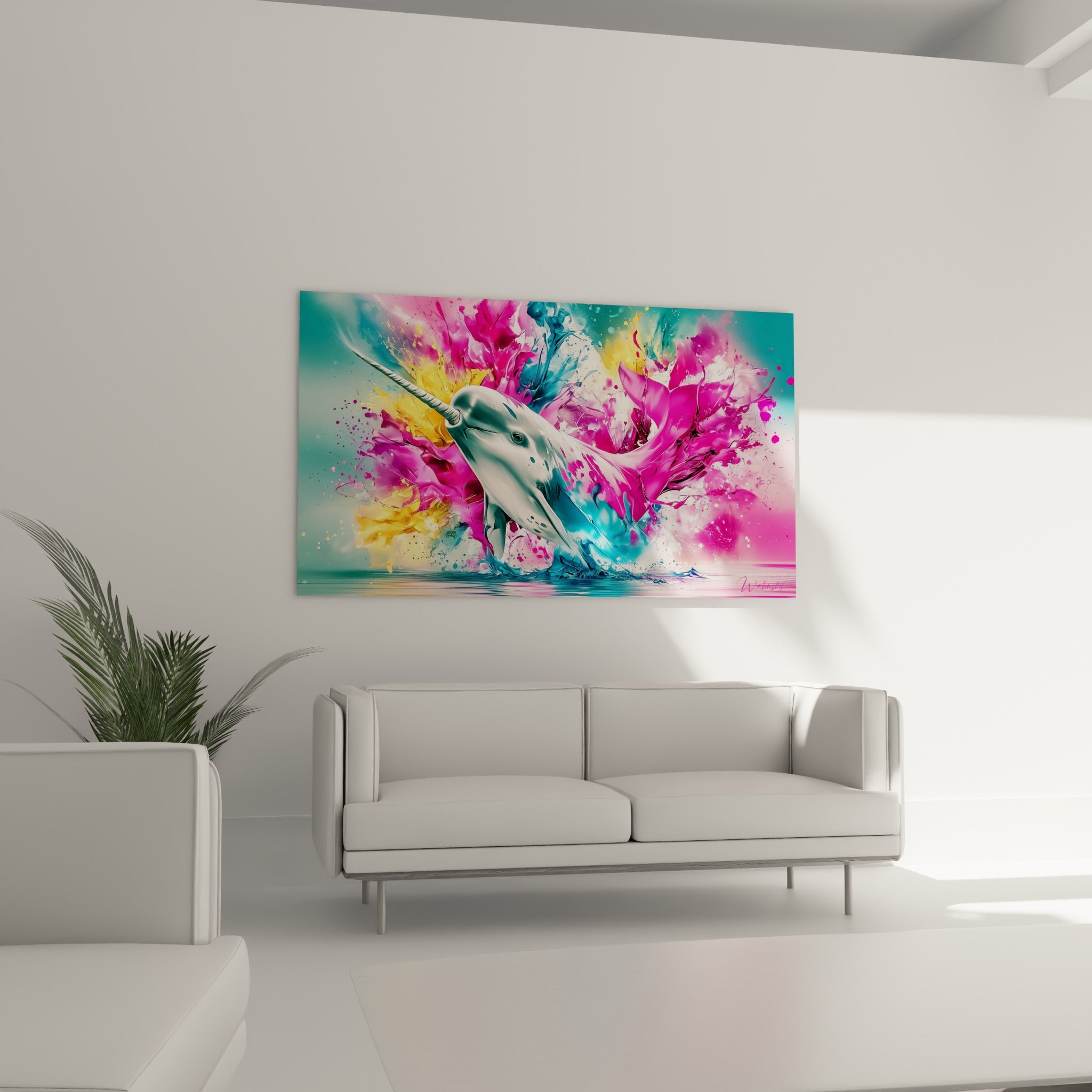 Narval à la défense torsadée entouré de pigments turquoise et magenta, au-dessus d'un canapé dans un salon lumineux
