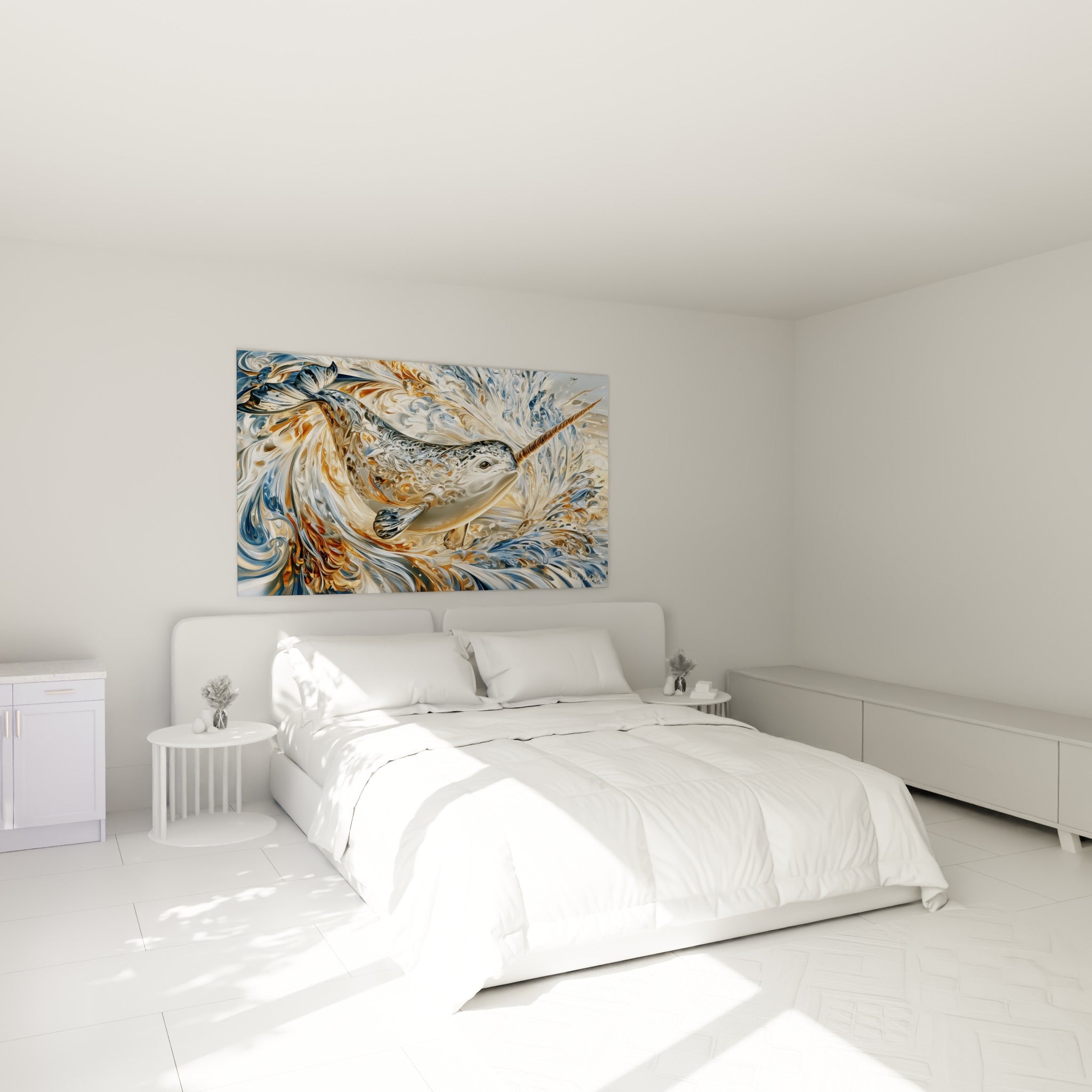 Narval aux reflets dorés et bleu marine accroché au-dessus d'un lit dans une chambre claire