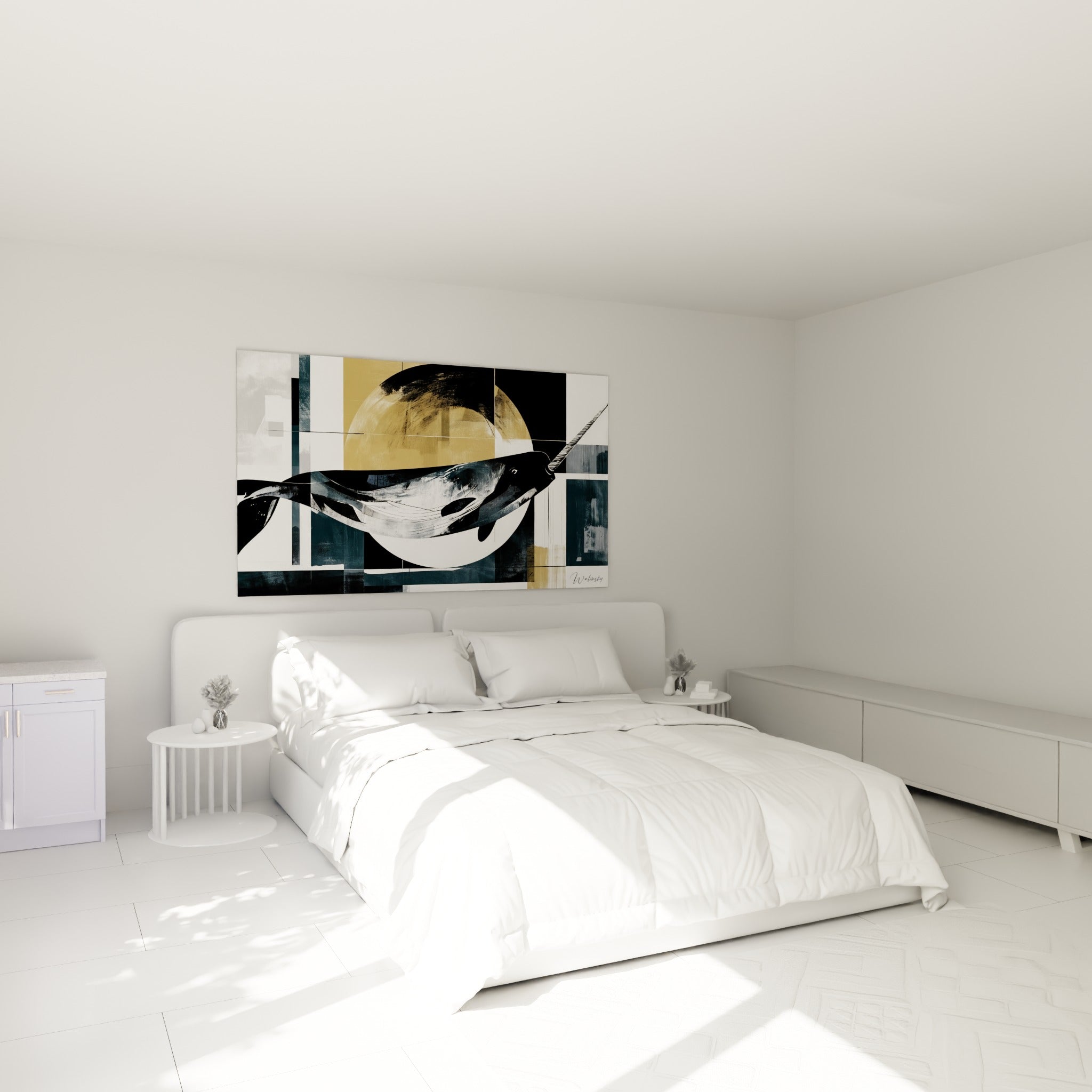 Narval graphique noir et doré, défense spiralée, au-dessus d'un lit dans une chambre claire