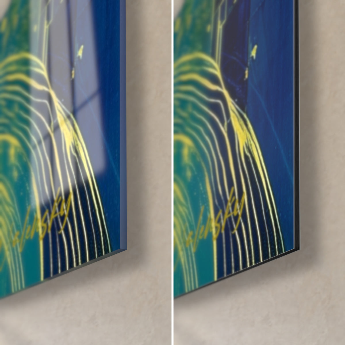 Quadro unicorno di mare in blu navy e oro, angolo in basso a destra: vetro acrilico lucido a sinistra, Dibond opaco a destra, bordo di 3 mm