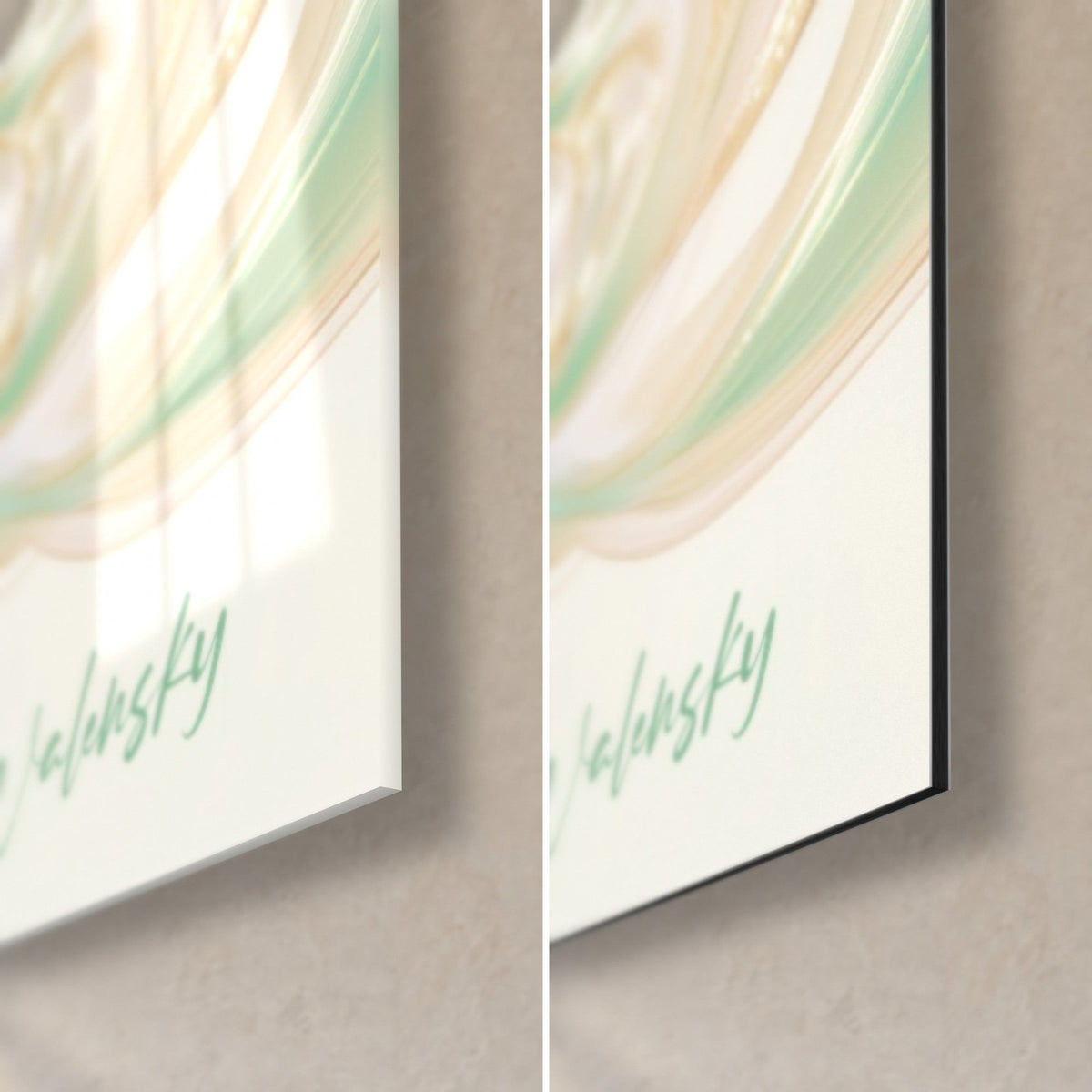 Wall art of a green-tusked whale, bottom right corner: glossy acrylic glass reflecting light, matte black Dibond, 3 mm edge