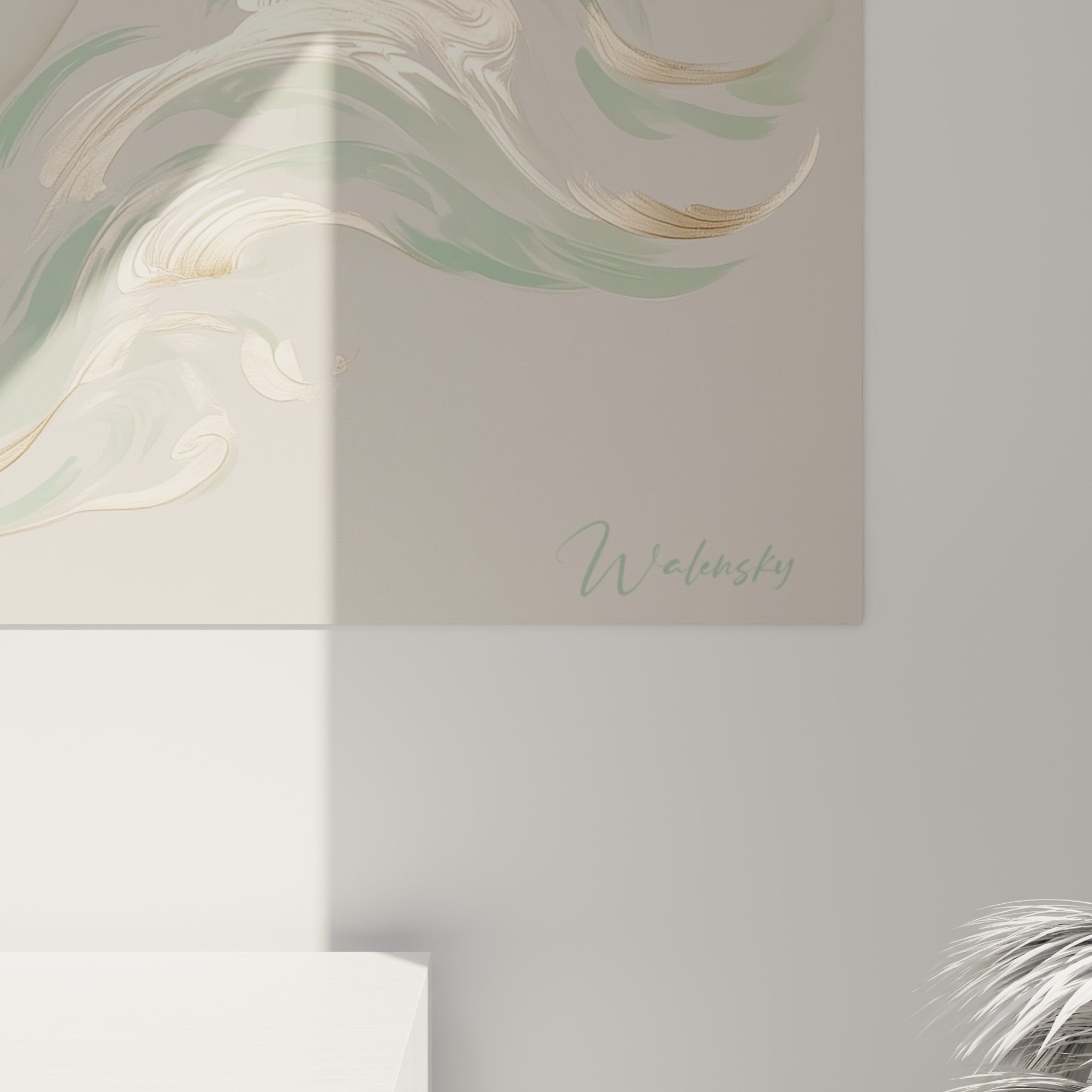 Détail des vagues dorées et vertes du narval, textures fines et empâtements visibles à l'impression