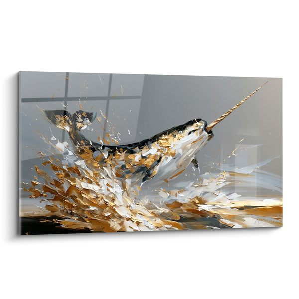 Tableau Narval doré et anthracite jaillissant des flots - Jaillissement océanique - Edition Narval
