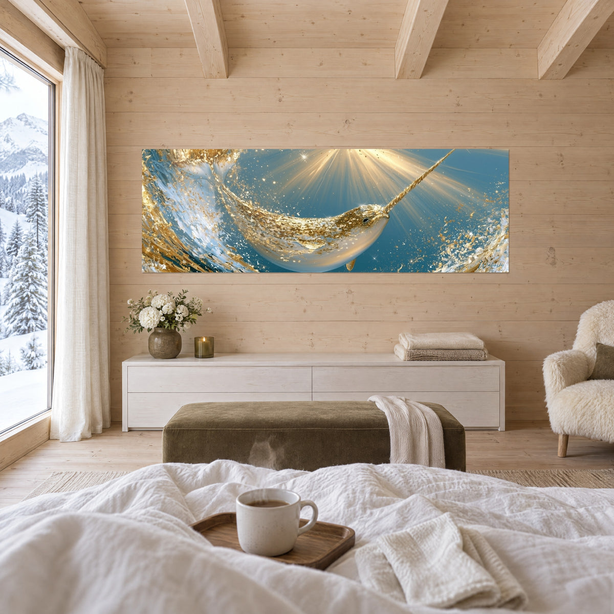 Cuadro ballena de cuerno dorado que emerge de una ola azur y blanca, trazos de oro en relieve, encima de una cama en un dormitorio luminoso