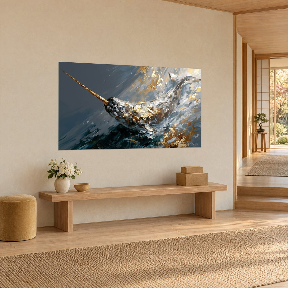 Wall art unicorn of the seas rising from a midnight-blue and ochre swell, three-quarter view on a cream japandi wall