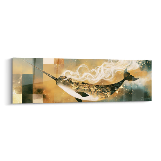 Tableau Narval doré et blanc aux mèches vaporeuses - Damier ocre et anthracite - Edition Narval
