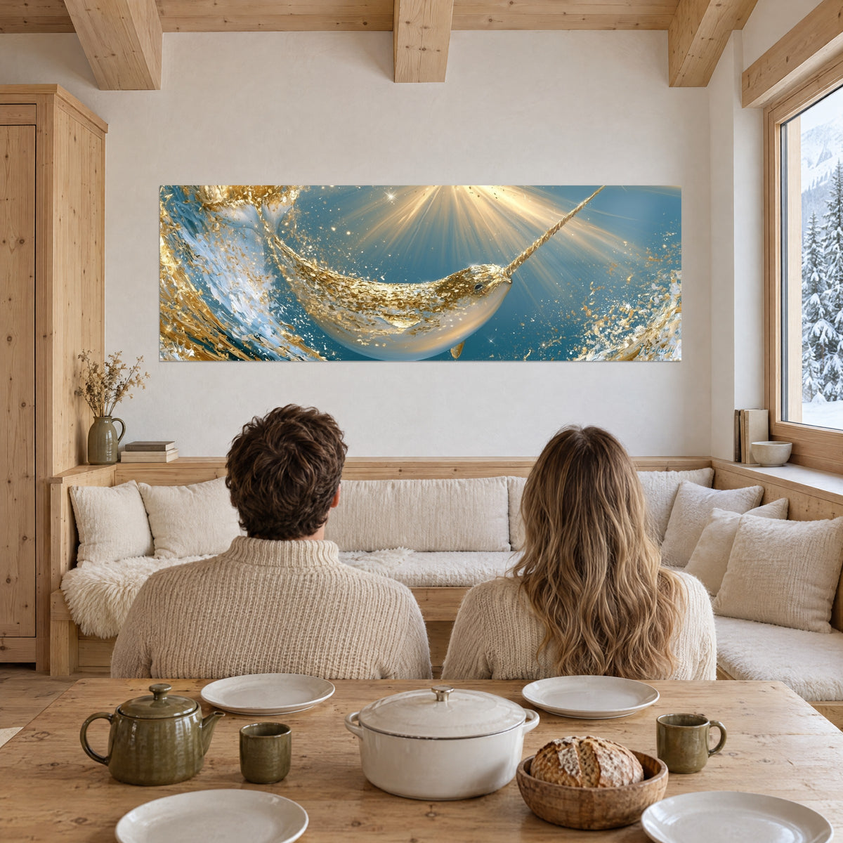 Cuadro mamífero marino cubierto de purpurina dorada, surtidor de espuma blanca y azul, rayos de luz, frente a una pareja sentada a la mesa del chalet