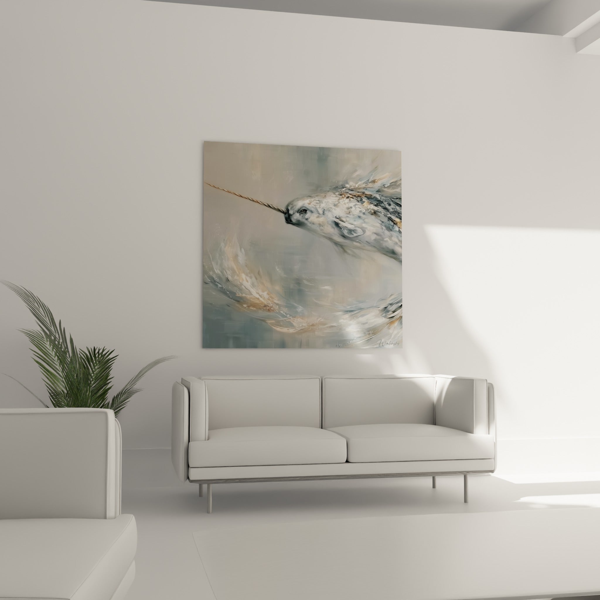 Narval bleu marine et doré glissant vers un tourbillon d'eau, au-dessus d'un canapé dans un salon lumineux