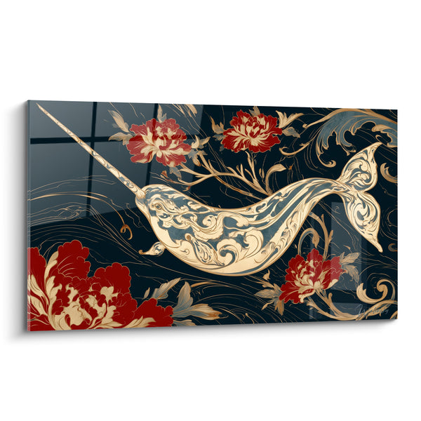 Tableau Narval doré aux pivoines rouges - Songe oriental - Edition Narval